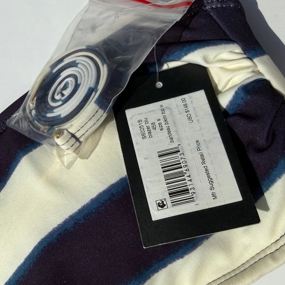 Kate Spade New York Bandeau Bikini Top small striped Blazer Blue Cream NWT $148